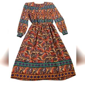 Vintage Lady Carol Brown and Blue Smocked Casual Sundress with Bishop Sleeves